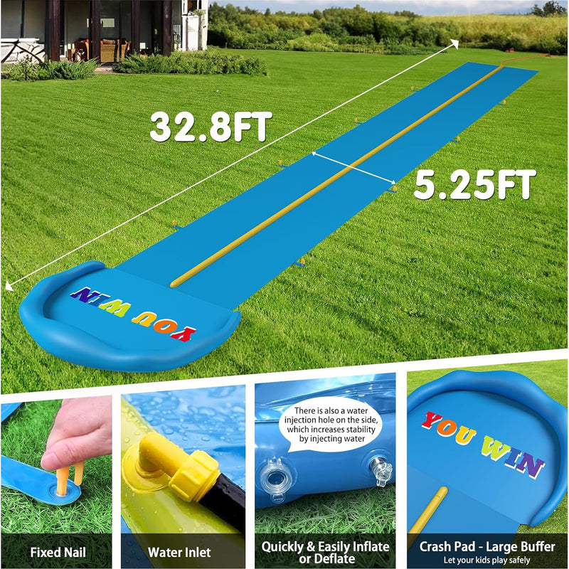 Extra Long Water Slide for Kids Adults, 32.8 FT Inflatable Slip Water Slides for Kids Backyard, Heavy Duty Slide with 2 Boards Double Lane Lawn Slides for Boy Girl Outdoor Water Play