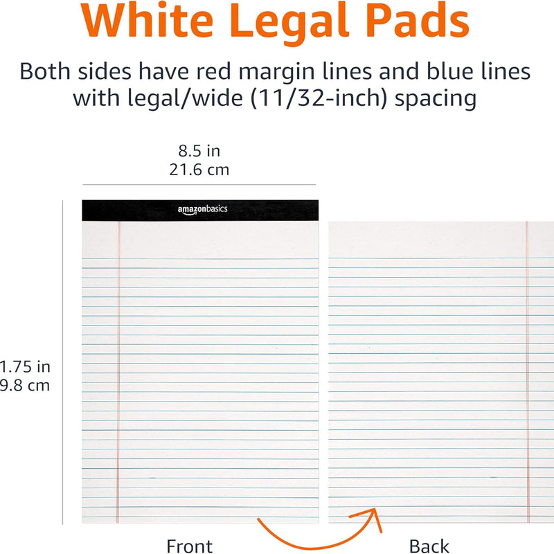 Amazon Basics Wide Ruled Lined Writing Note Pads for Office Supplies, 8.5" x 11.75", White, 12-Pack of 50 Perforated Sheets