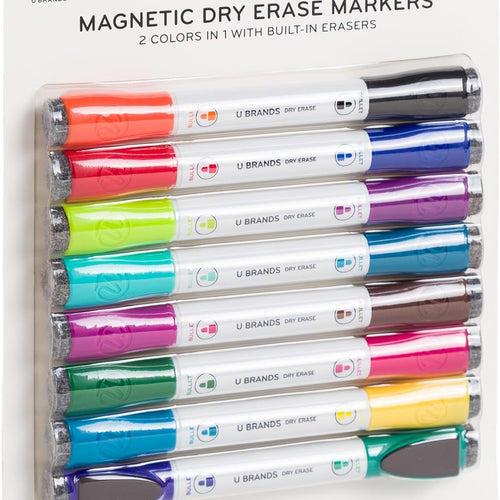U Brands Fine Tip Dry Erase Markers with Eraser, Magnetic Double Ended Whiteboard Markers, Low Odor, Assorted Bright Colors, Set of 8