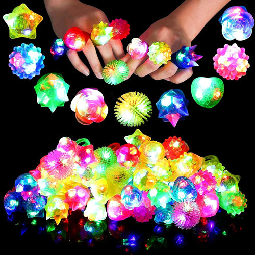 38-pack light up rings for kids with 6 shapes and bright colors, perfect for Halloween party favors