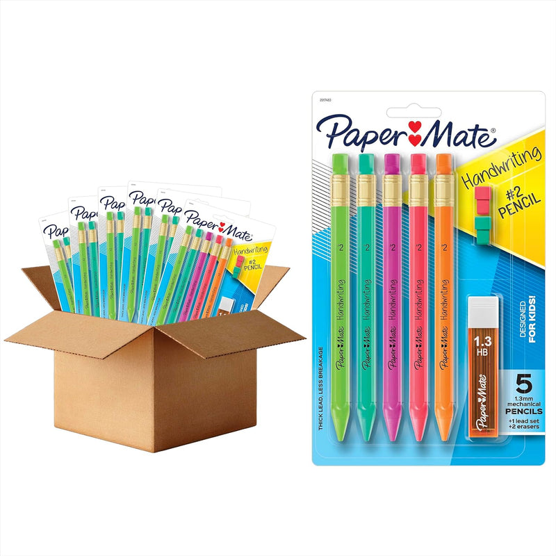 Paper Mate Handwriting Triangular Mechanical Pencils with Lead & Eraser Refills, 1.3mm, Fun Barrel Colors, 30 Count (6 Packs of 5) - Teacher Supplies, Learning to Write