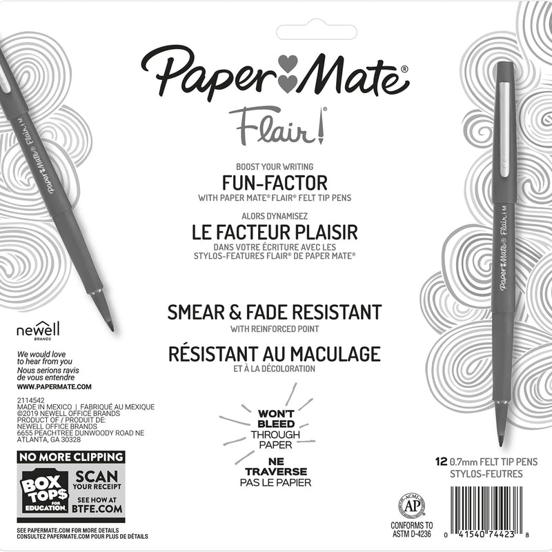 Paper Mate Flair Felt Tip Pens, Medium Point (0.7mm), 12 Count - For Arts & Crafts, Note-Taking, Journaling, School Supplies for Teachers & Students