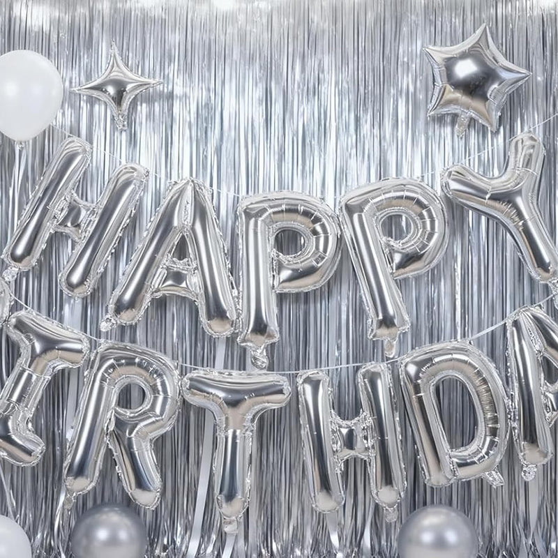 Silver Happy Birthday Aluminum Foil Balloon Decoration Kit for Kids and Adults