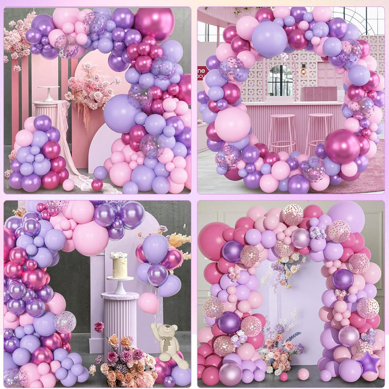 Amandir 153pcs Balloon Garland Kit, 4 Size Options, Pink, Purple, Red, Latex, and Metallic Balloons for Birthday Party Decor