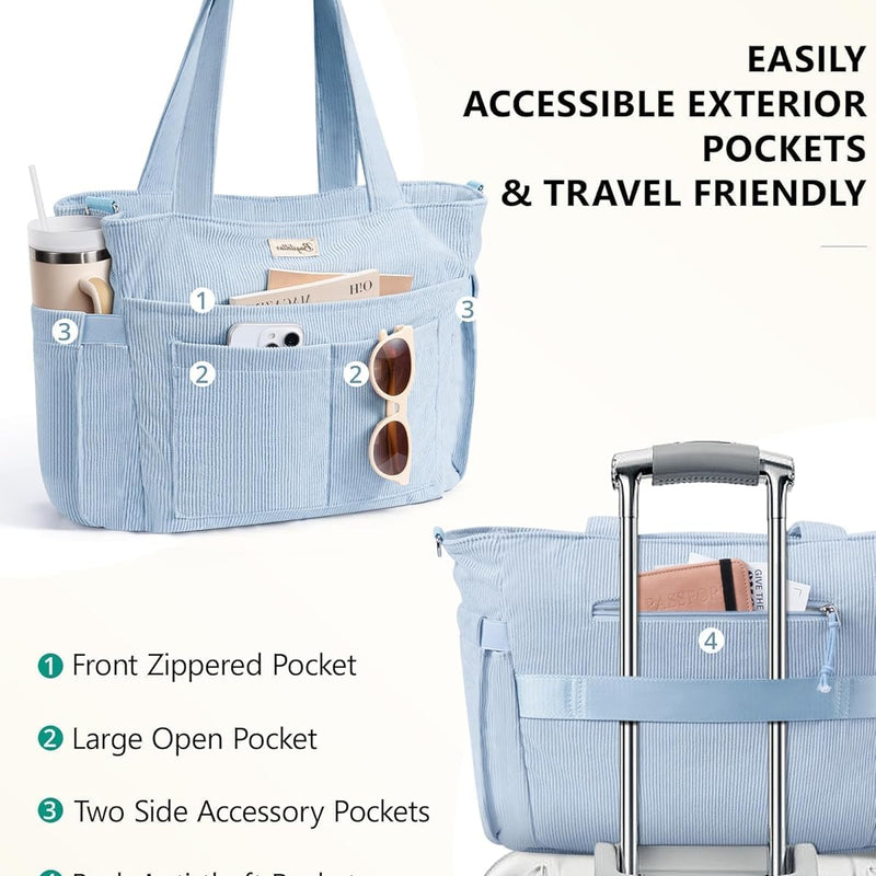 Bagstellar Corduroy Tote Bag for Women, 17 Pockets Laptop Work Tote Purse | Large 15.6” Computer Bag w/ 40oz Cup Holder & Strap, Zipper Teacher Nurse Bible Shoulder Bag for School Travel College Office
