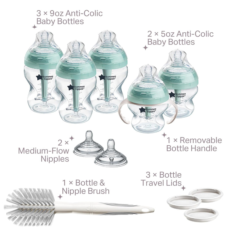 Tommee Tippee Advanced Anti-Colic Baby Bottle Set, Newborn 0m+ | 12 Pieces, 5oz & 9oz BPA Free Bottles, Slow & Medium Flow Breast-Like Nipples, Bottle Handles, Cleaning Brush