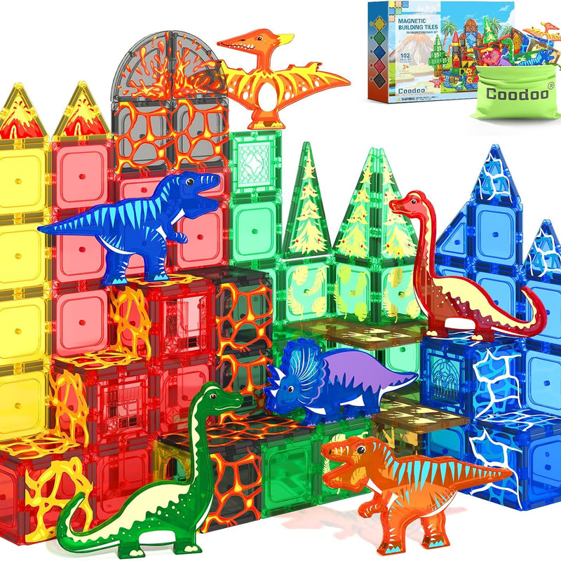102PCS Dinosaur Toys Magnetic Tiles with 8 Dinosaurs - Jurassic Scenes Dinosaur World Adventure Set, Magnetic Blocks Kids Toys for Boys & Girls Ages 3+, Sensory Toddler Creative Kids Games Gifts
