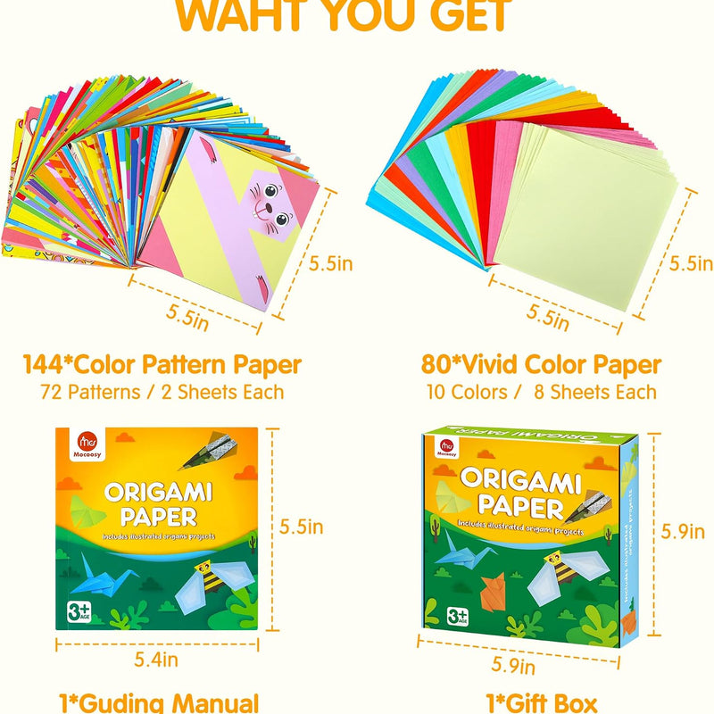 Mocoosy 224 Sheets Origami Paper Kit for Kids Ages 5-8 8-12, Folding Paper Set with Origami Book for Beginners, Art Craft Supplies for Boys Girls 9-12, Travel Game Car Road Trip Activities Toy Gifts