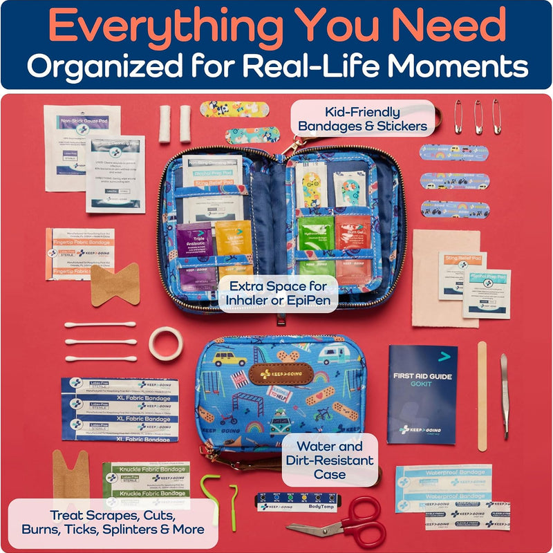 KeepGoing Travel First Aid Kit for Kids, 130 Pc. TSA-Approved Travel Size | Toddler First Aid Kit, Mini First Aid Kit for Car, Home, Purse, Diaper Bag & Backpack, Latex-Free Bandages