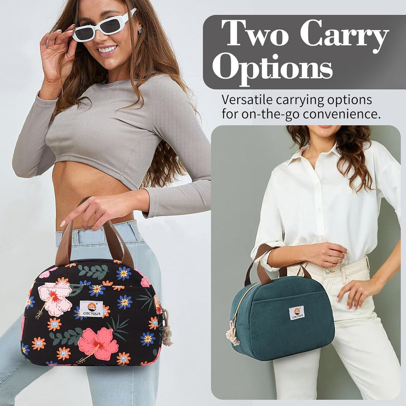 CaCTOUR Lunch Box for Women Girls Teens,Cute Lunch Box Cooler Bag, Portable Insulated Small Lunch Bag Women Reusable Corduroy Lunch Tote for Work/Travel/Picnic/School (Flower)