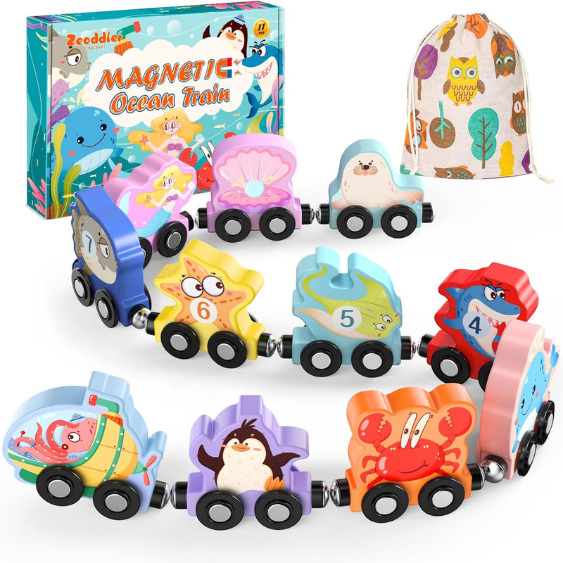 Zeoddler 11-Piece Magnetic Wooden Animals Train Set for Toddlers, Montessori Toys with Natural Wood and Double-Sided Printing