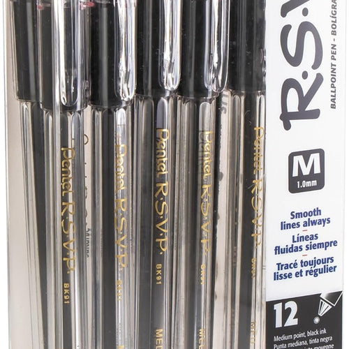 Pentel RSVP Ballpoint Pen, (1.0mm), Medium Line, Black Ink, 12 Pack (BK91PC12A)