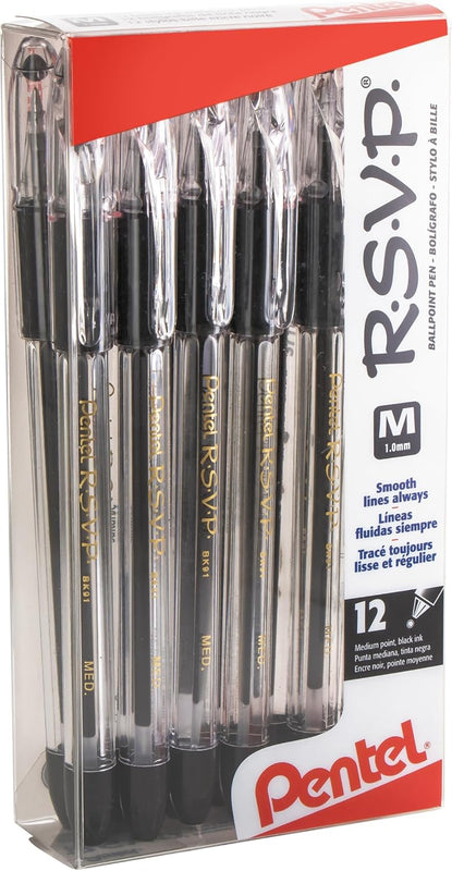 Pentel RSVP Ballpoint Pen, (1.0mm), Medium Line, Black Ink, 12 Pack (BK91PC12A)
