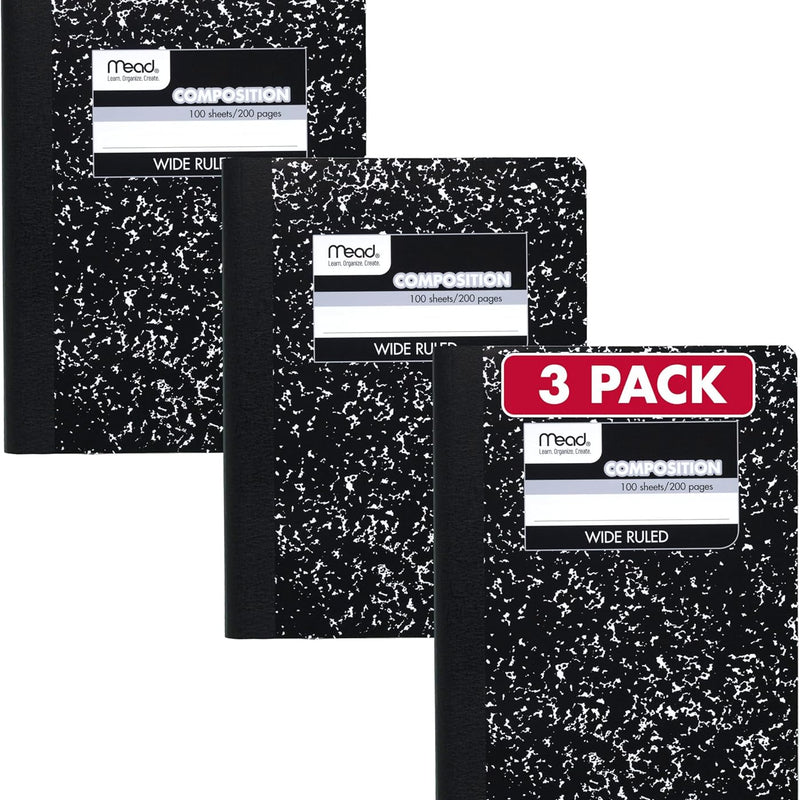 Mead Composition Notebook, Wide Ruled Paper, 7.5" x 9.75", 100 Sheets, Black Marble, 3 Pack (38301)