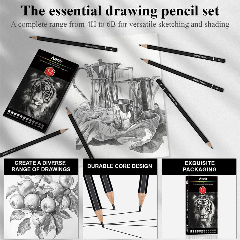 Aenir Sketch Pencils for Drawing, Set of 12 Drawing Pencils for Sketching Medium (6B - 4H), Artist Graphite Pencils, Sketch Set for Artists for Sketching Supplies, Art Supplies.