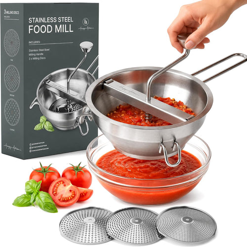 Hungry Artisan Stainless Steel Food Mill for Tomato Sauce & Canning | Great for tomato sauce, applesauce, baby food, mashed potatoes, puree, and canning, 3 interchangeable discs, dishwasher-safe