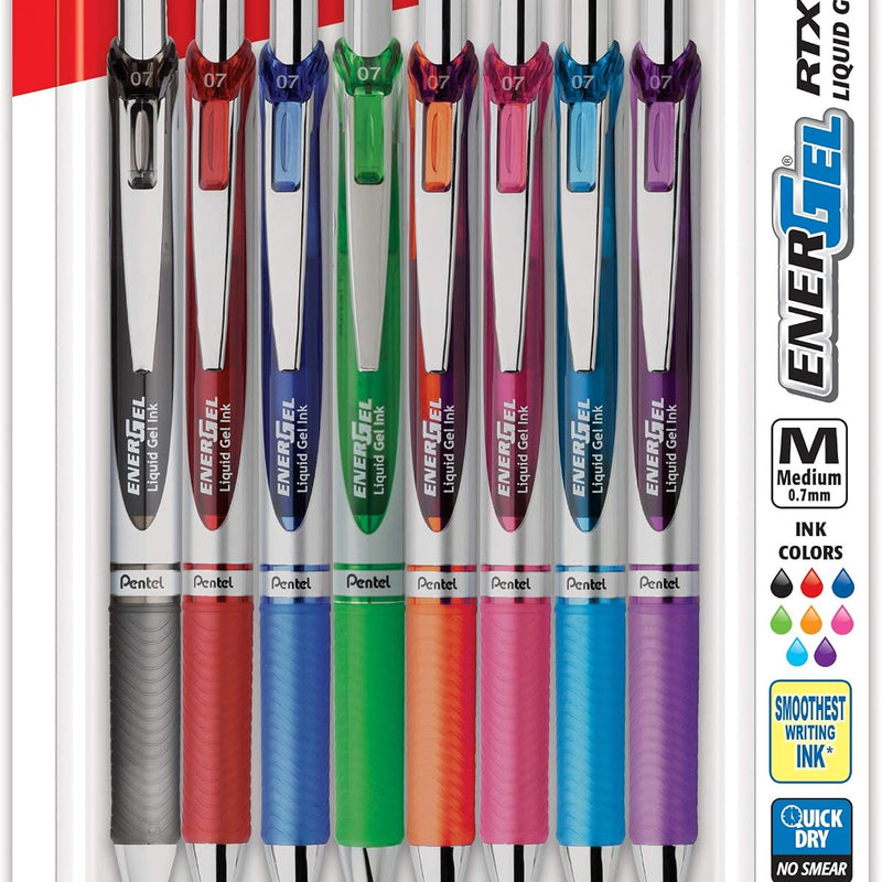 Pentel EnerGel RTX Retractable Liquid Gel Pen, (0.7mm) Metal Tip, Medium Line,Assorted Ink, 8-Pk (BL77BP8M1)