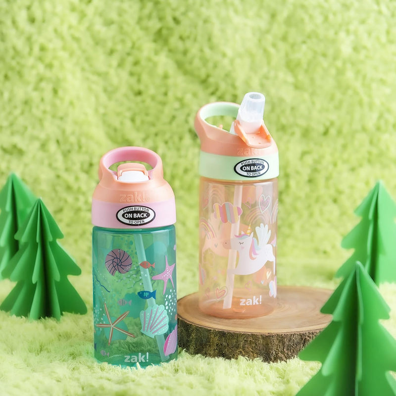 Zak Designs 16oz Riverside Kids Water Bottle with Spout Cover and Built-in Carrying Loop, Made of Durable Plastic, Leak-Proof Water Bottle Design for Travel (Unicorn & Shells, Pack of 2)