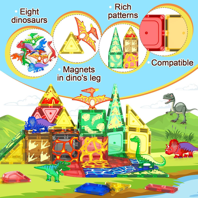 102PCS Dinosaur Toys Magnetic Tiles with 8 Dinosaurs - Jurassic Scenes Dinosaur World Adventure Set, Magnetic Blocks Kids Toys for Boys & Girls Ages 3+, Sensory Toddler Creative Kids Games Gifts