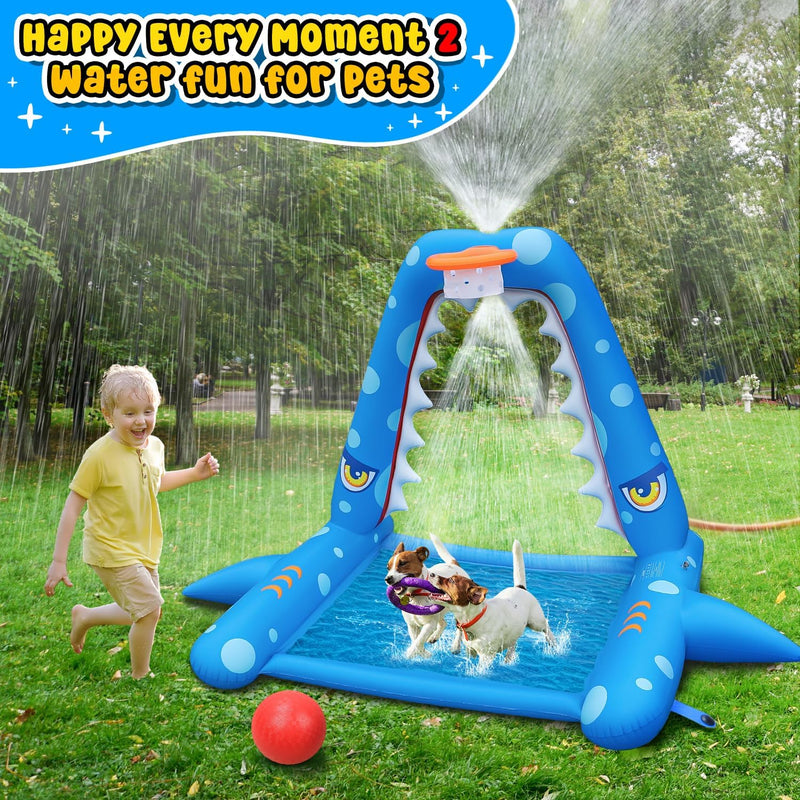 JOSEN Sprinkler for Kids Outdoor Play, Giant Inflatable Shark Water Toys Splash Pad with Basketball Hoop, Fun Sprinkler Summer Outdoor Game for 3-8 Years Old Children Boys Girls Birthday Gift