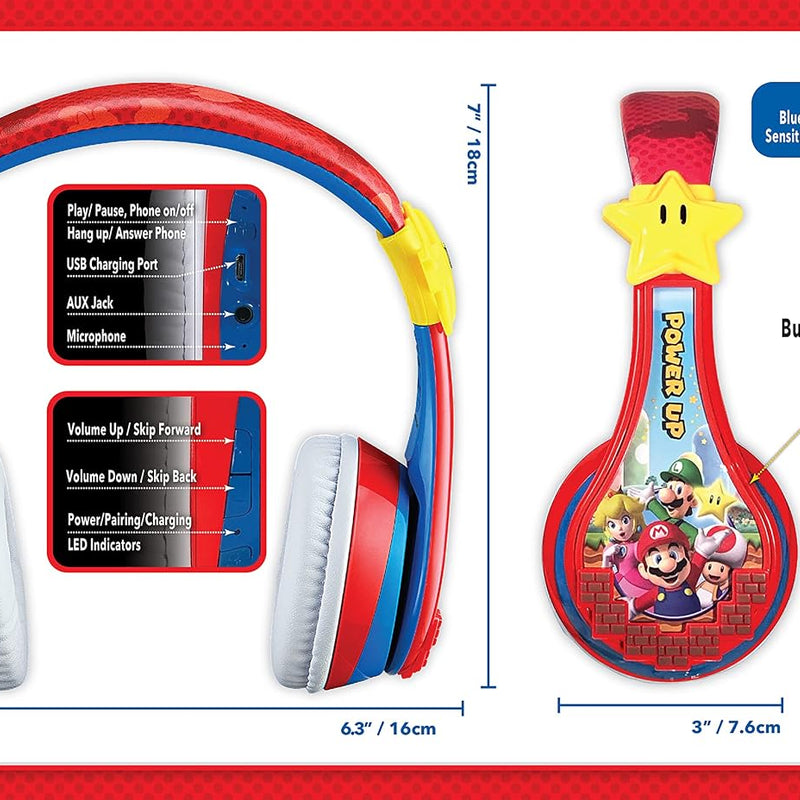 Super Mario Wireless Bluetooth Portable Kids Headphones with Microphone, Volume Reduced to Protect Hearing Rechargeable Battery, Adjustable Kids Headband for School Home or Travel