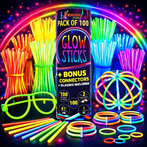Ammy Glow Glow Sticks Bulk Party Pack, 205 Pcs Kit with Connectors & Glasses for Kids, LED Neon Glow in the Dark Party Supplies for Birthdays & Events