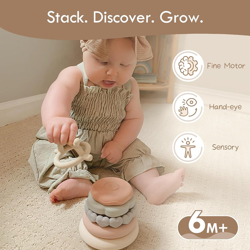 Moonkie 7-Piece Soft Teething Toy Set with Stacking Rings for Babies | Educational Learning Toy