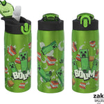 Zak Designs Minecraft Water Bottle for Travel and At Home, 19 oz Vacuum Insulated Stainless Steel with Locking Spout Cover, Built-In Carrying Loop, Leak-Proof Design (Creeper)