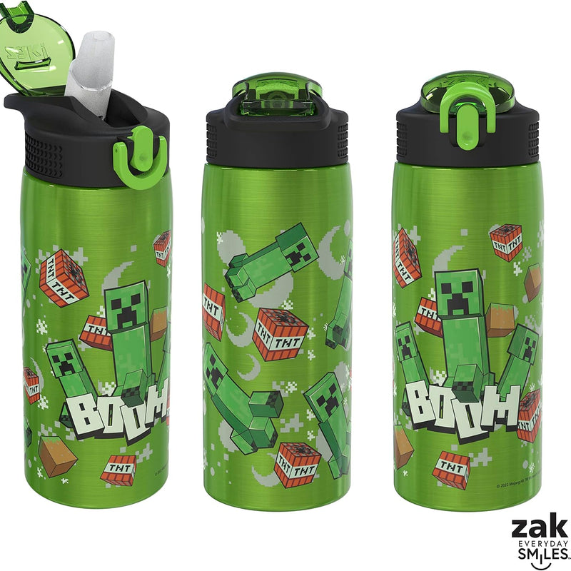 Zak Designs Minecraft Water Bottle for Travel and At Home, 19 oz Vacuum Insulated Stainless Steel with Locking Spout Cover, Built-In Carrying Loop, Leak-Proof Design (Creeper)