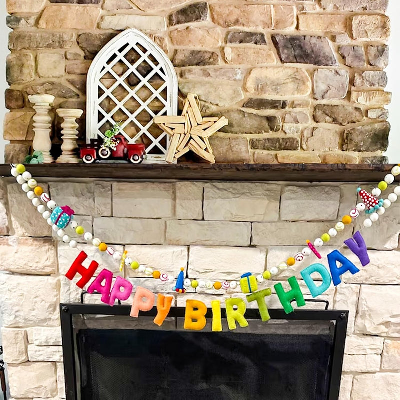 Pre-Strung Happy Birthday Banner - Felt Ball Garland, Reusable Rainbow Party Decorations for Kids Room Decor