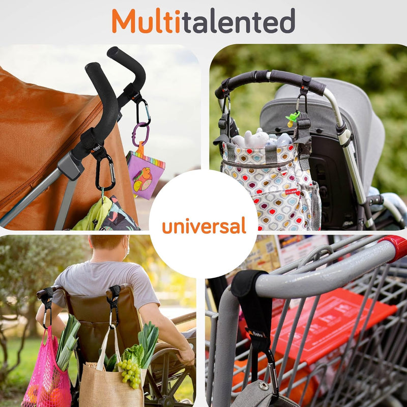 Baby Uma Stroller Hooks for Bags (2 Pack) - Non-Slip, One-Hand Use, 11 lb | These universal stroller clips open one-handed, resist slipping, and each carabiner hook holds 11 lbs—a travel essential.