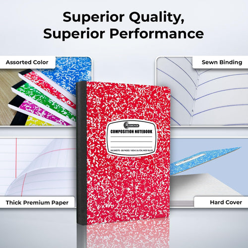 Rosmonde 12 Pack Bulk Composition Notebook Wide Ruled, 200 Pages (100 Sheets), 9-3/4 x 7-1/2", Hard Cover Wide Ruled Notebook Bulk, Assorted Colors Composition Notebook For School, Colors May Repeat