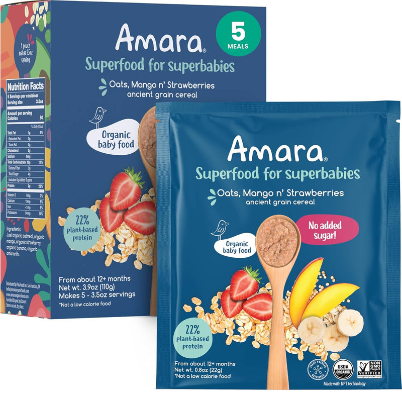 Amara Organic Baby Food - Stage 2 - Oats & Berries - Baby Cereal to Mix With Breastmilk & Water - Shelf Stable Baby Food Pouches Made from Organic Fruit and Veggies - 5 Pouches, 3.5oz Per Serving