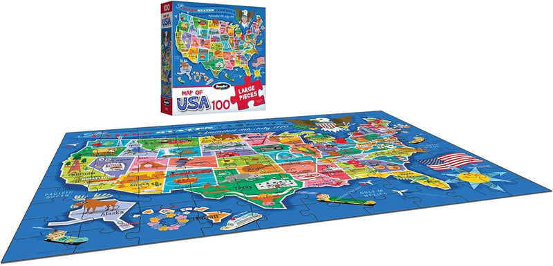 RoseArt Educational Map of USA Jigsaw Puzzle for Kids, 100 Large Durable Pieces, Fun State Illustrations, Made in USA, Learning Toy for Ages 6+, Finished Size 24 x 18 Inches.