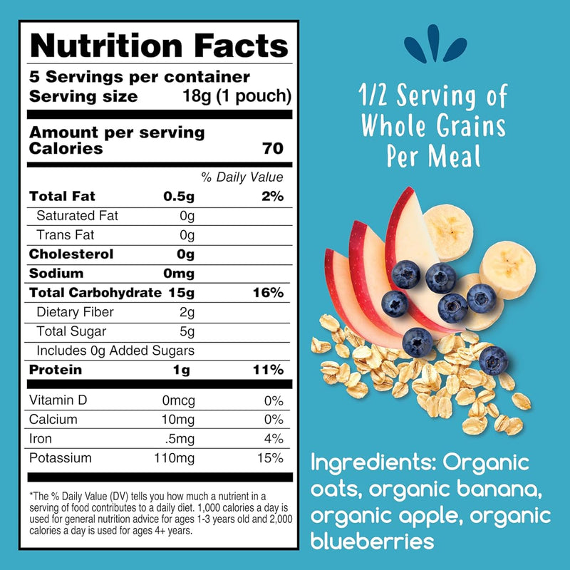Amara Organic Baby Food - Stage 2 - Oats & Berries - Baby Cereal to Mix With Breastmilk & Water - Shelf Stable Baby Food Pouches Made from Organic Fruit and Veggies - 5 Pouches, 3.5oz Per Serving