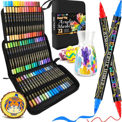 Betem Dual Tip Acrylic Paint Pens, 72 Colors Paint Markers for Glass, Window, Fabric, Wood, Rock, Canvas, Acrylic Markers with Fine & Brush Tip, Art & Craft Supplies, Teacher Appreciation Gift