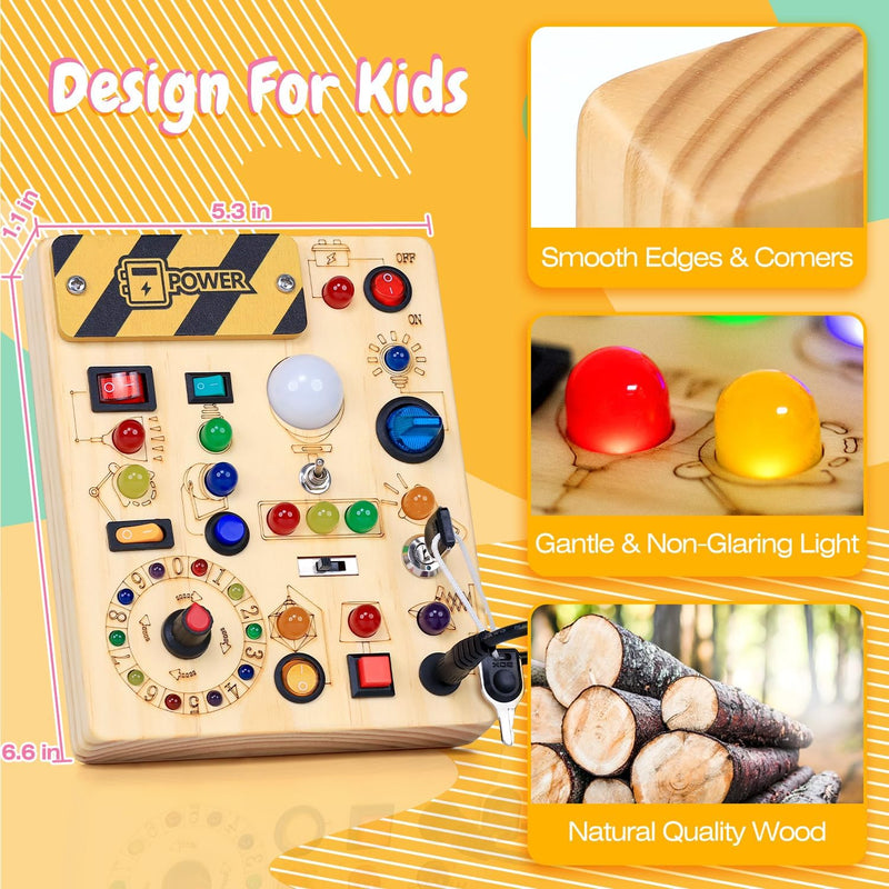 Busy Board for Toddlers with LED Light Switches, 13 Unique Switches, 24 LED Lights, Montessori Toy for 1-3 Years Old