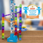 National Geographic 150-piece marble maze kit with motorized spiral lift, 30 marbles, and storage bag for kids physics toys