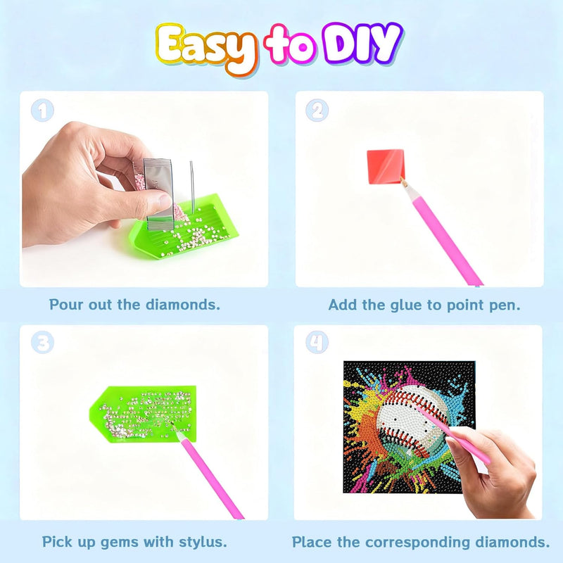 bleihum 4 Pack Diamond Art Painting Kits for Kids Ages 8-12 Sports 6X6inch | Small Diamond Art for Kids Ages 8-12, Cute Football Gem Arts and Crafts for Kid Ages 8-12 Gift Home Decor