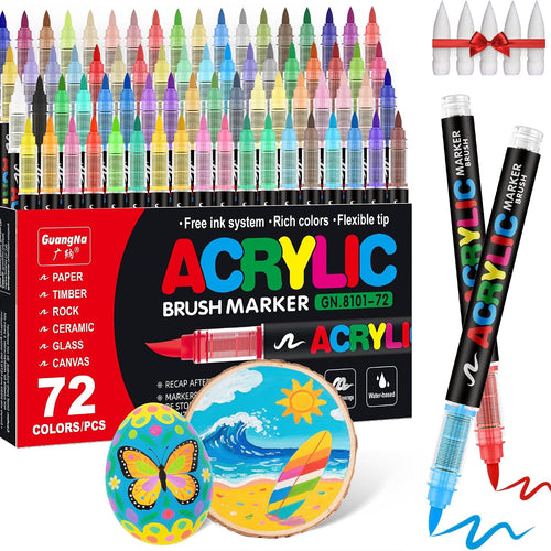 Guangna Acrylic Paint Markers Brush Tip, 72 Vivid Colors with Direct-Liquid Ink Control System, Professional-Grade Paint Pen for Rock Painting, Canvas, Glass, Plastic, Fabric & Creative Crafts