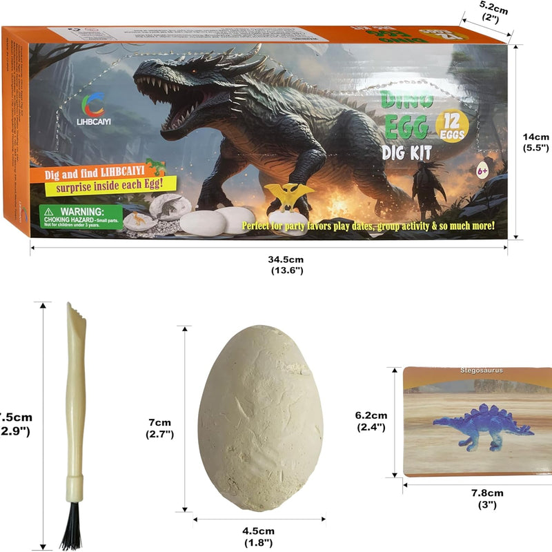 Dino Eggs Dig Kit, 12-Piece Dinosaur Excavation Bricks Toy for Kids Ages 6-12