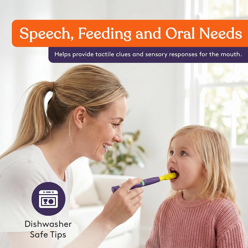 Special Supplies Buzz Buddy Oral Motor Stimulation Kit with 6 Soft Textured Interchangeable Heads, Calm Sensory Needs, Support Speech, and Stimulate Self Feeding, Gentle Vibrations (Purple)