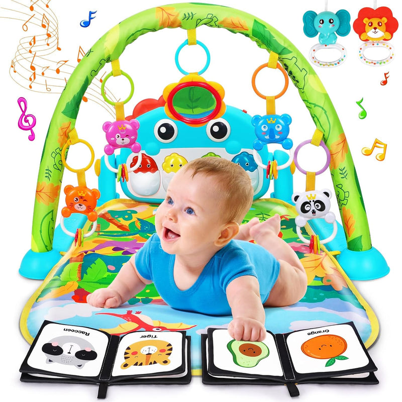 UMIKU Baby Gym Play Mats Baby Tummy Time Mat Musical Activity Center for Newborn Infant Piano Babies Play Mat Music & Light Newborn Infant Gifts for Babies 0-3 6 9 12 Months Dinosaur Style