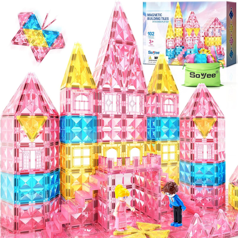Magnetic Tiles 102pcs with 2 Stairs 2 Dolls Princess Castle Building Girls Toys Age 4-5 6-8 Magnetic Blocks Birthday Xmas Gifts for Girls Toys for 3 4 5 6 7 8+ Year Old