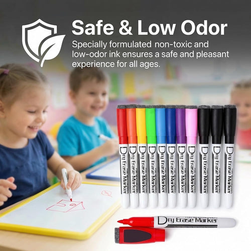 Volcanics Magnetic Dry Wipe Pens Dry Erase Markers With Eraser Cap Low Odor Fine Tip Whiteboard Pens Pack of 12,10 Colors