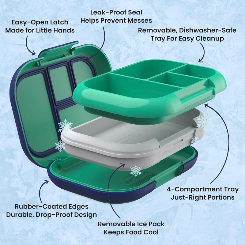 Bentgo Chill Kids Leakproof Lunch Box - 4-Compartment Bento Box with Built-In Ice Pack, 3.3 Cup Capacity, BPA-Free, Microwave & Dishwasher Safe Tray, Ages 3–7 (Green/Navy)