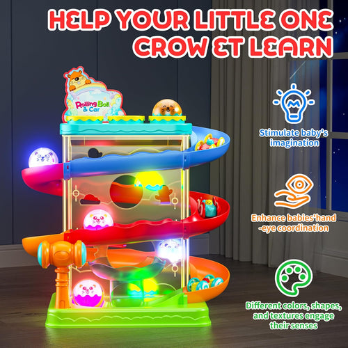 2-in-1 Rolling Ball & Car Ramp Toy for Toddlers, Interactive STEM Learning Playset with Sensor Lights