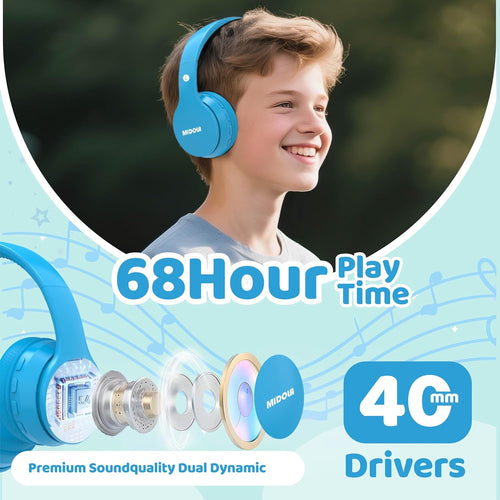 MIDOLA Kids Bluetooth Headphones - 68H Play Time Volume Limit and Built-in Mic