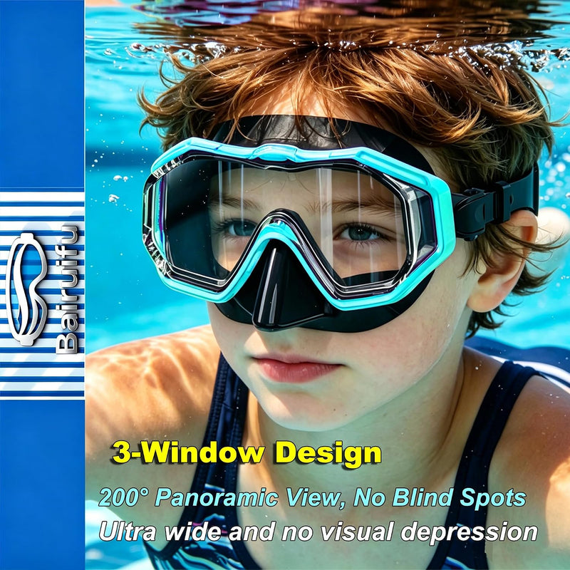 Kids Swim Goggles Snorkel Mask, Latest 3-Window Lens Wide Vision, Crystal Clear, Swimming Goggles Soft Nose Cover
