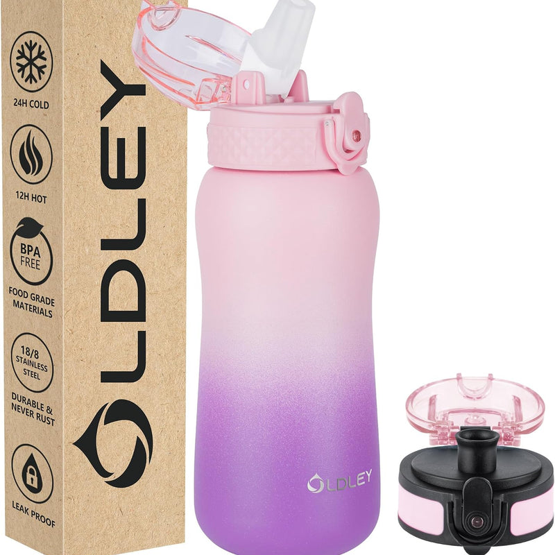 Oldley Insulated Water Bottle 20oz for Adults Kids Stainless Steel Water Bottles with Straw/Chug/Carabiner 3 Lids Fruit Strainer Double Wall Vacuum Wide Mouth BPA Free Leak-Proof for School Travel